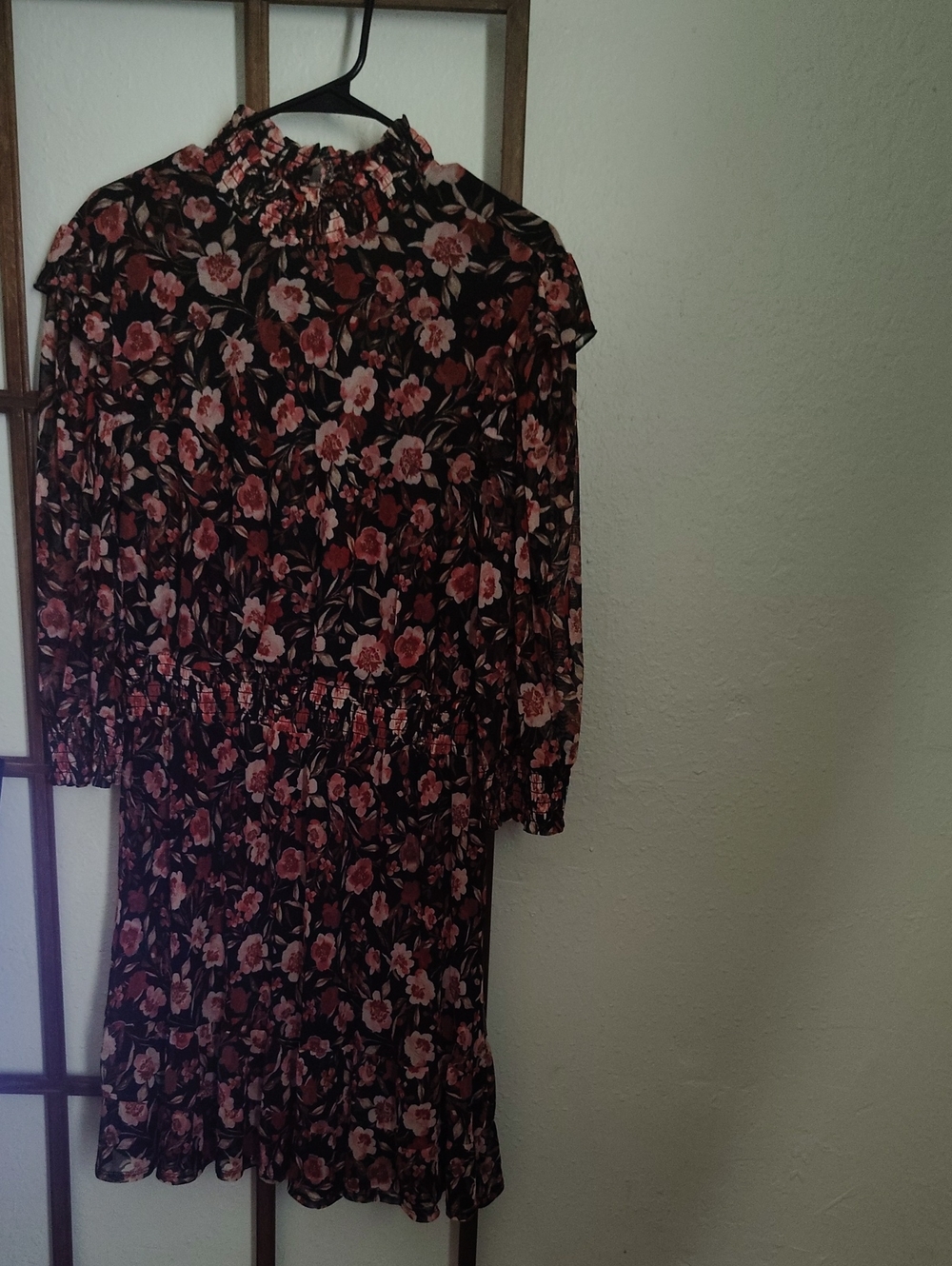Smocked Floral Long Sleeve Dress in Black with Pink Flowers